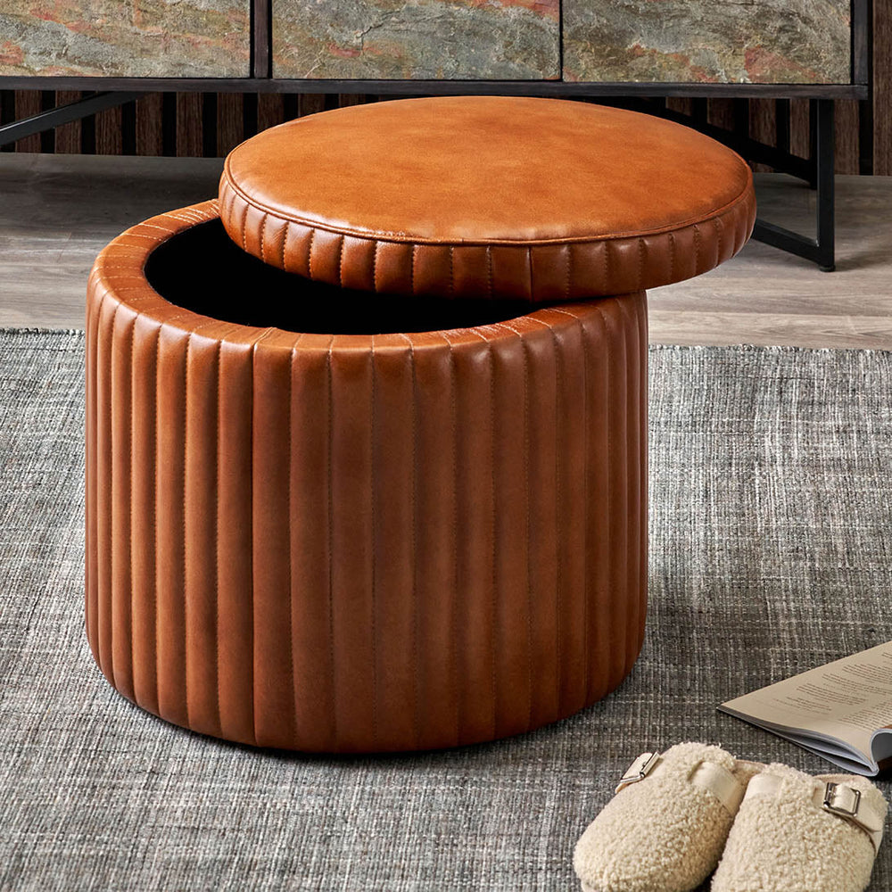 Josias Vintage Brown Leather Round Storage Pouffe