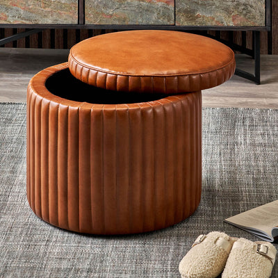 Josias Vintage Brown Leather Round Storage Pouffe