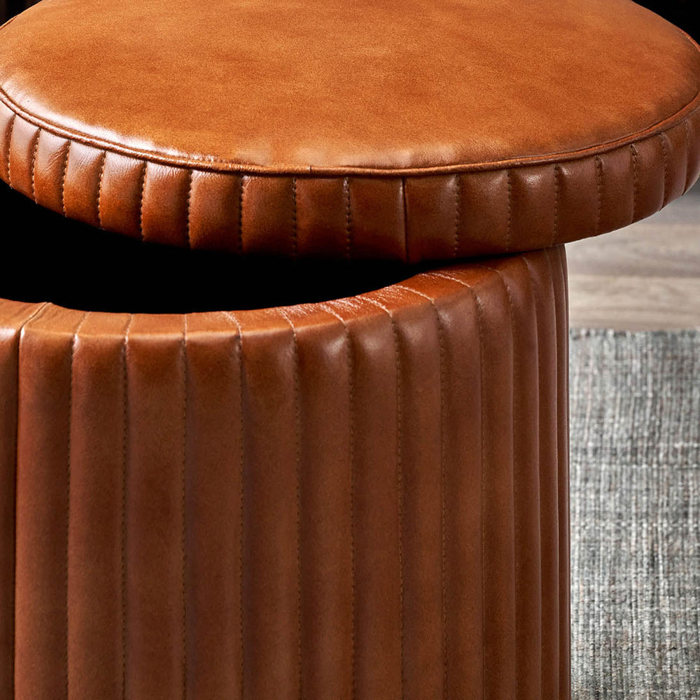 Josias Vintage Brown Leather Round Storage Pouffe