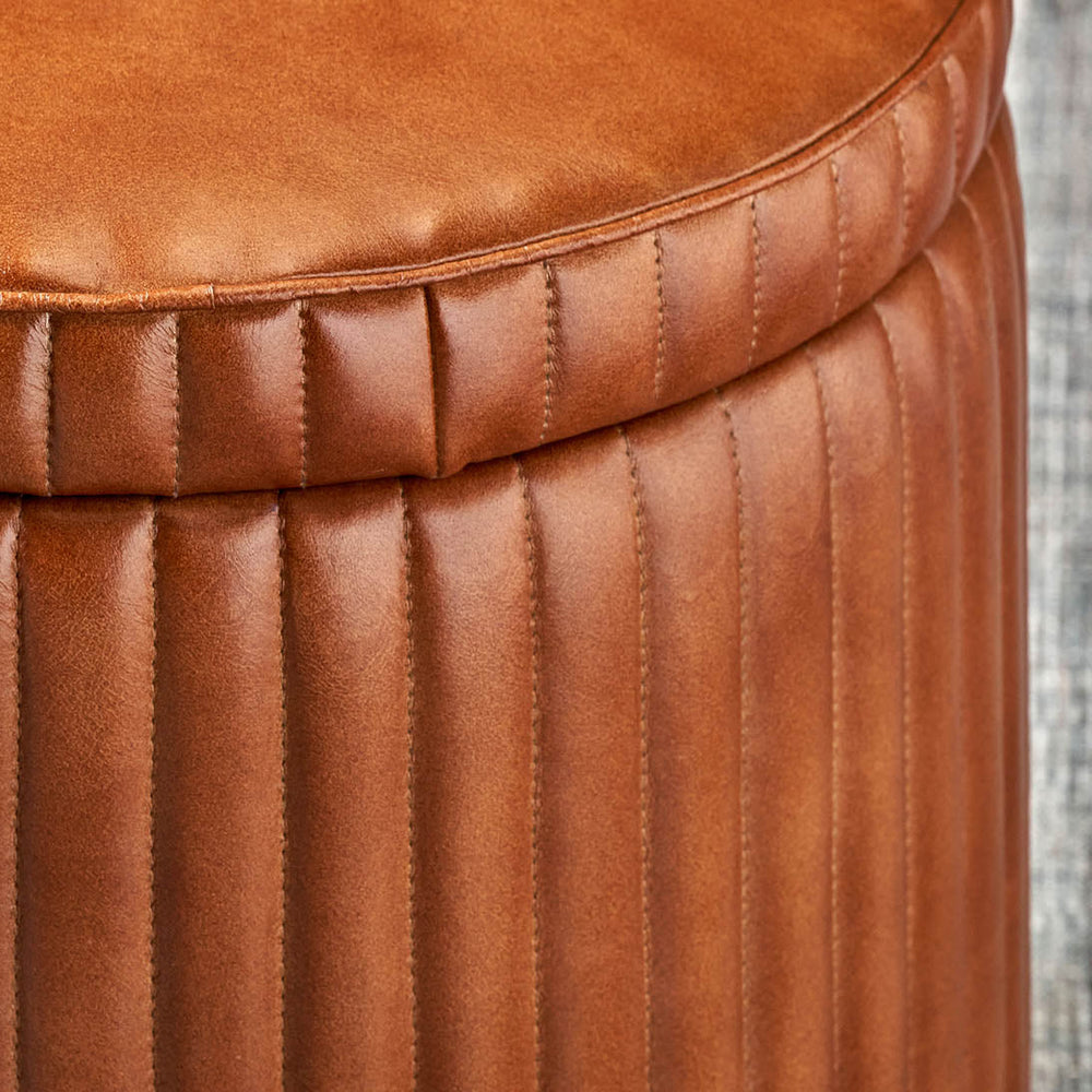 Josias Vintage Brown Leather Round Storage Pouffe