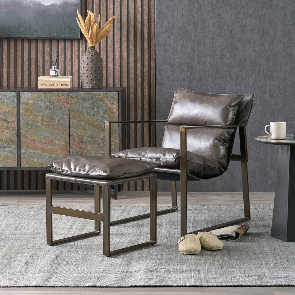 Oliviero Peppercorn Leather Chair and Footstool