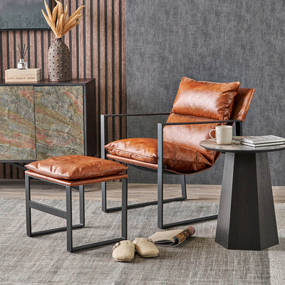 Oliviero Vintage Brown Leather Chair and Footstool