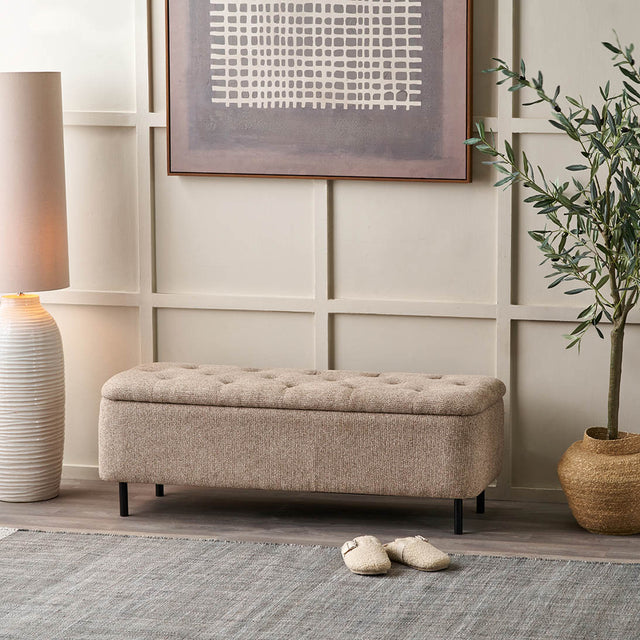 Elora Mocha Textured Marl Chenille Buttoned Storage Bench