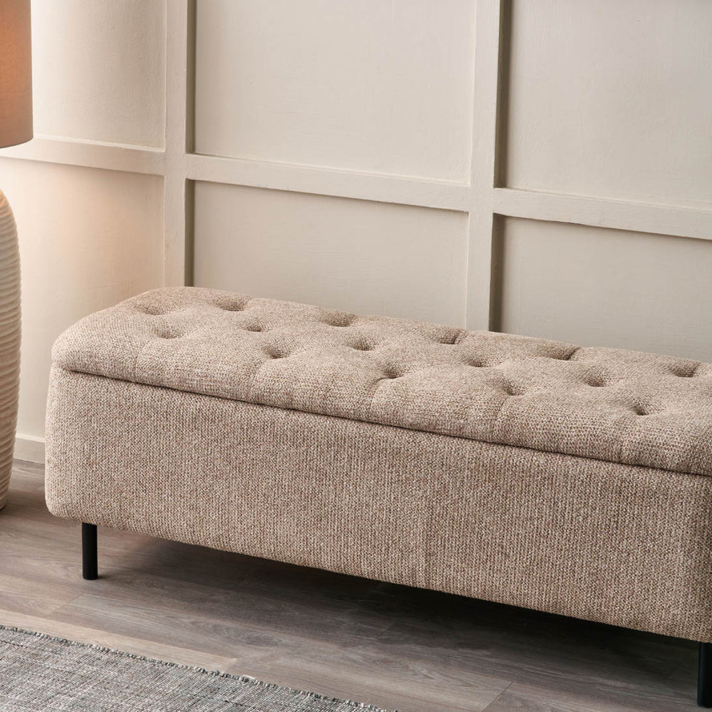 Elora Mocha Textured Marl Chenille Buttoned Storage Bench