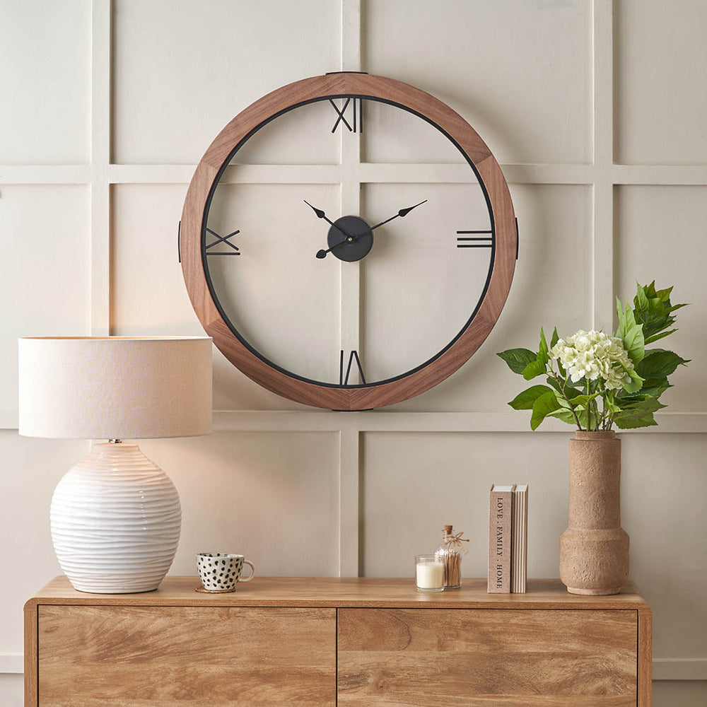 Elmont Light Walnut Wood Veneer Round Wall Clock