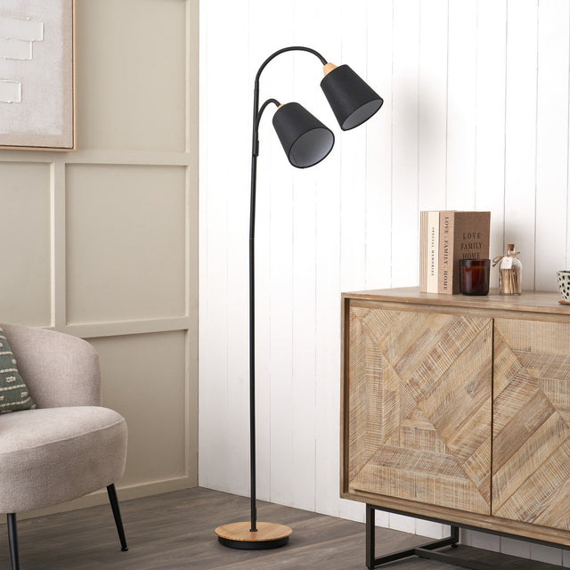 Jaya Black and Natural Wood Two Head Floor Lamp