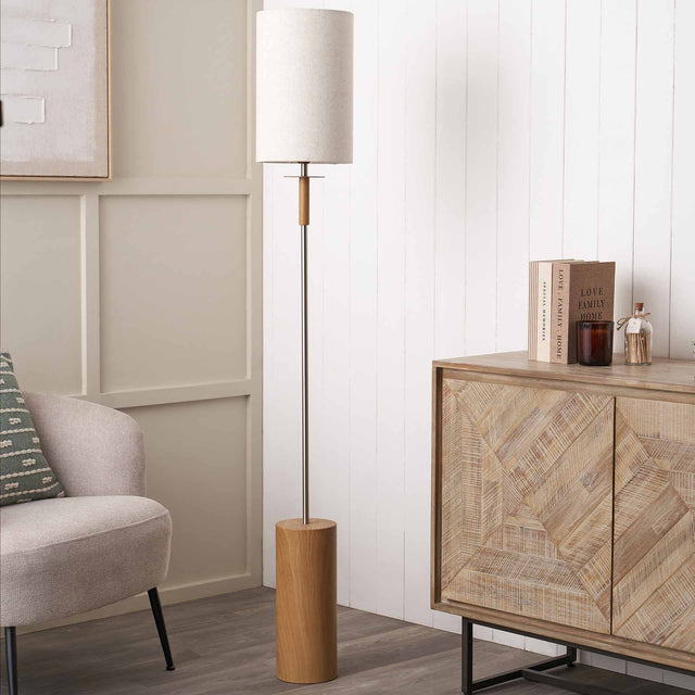 Benton Natural Wood Veneer and Silver Floor Lamp