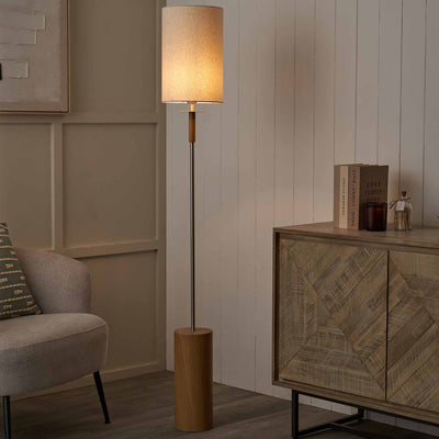 Benton Natural Wood Veneer and Silver Floor Lamp