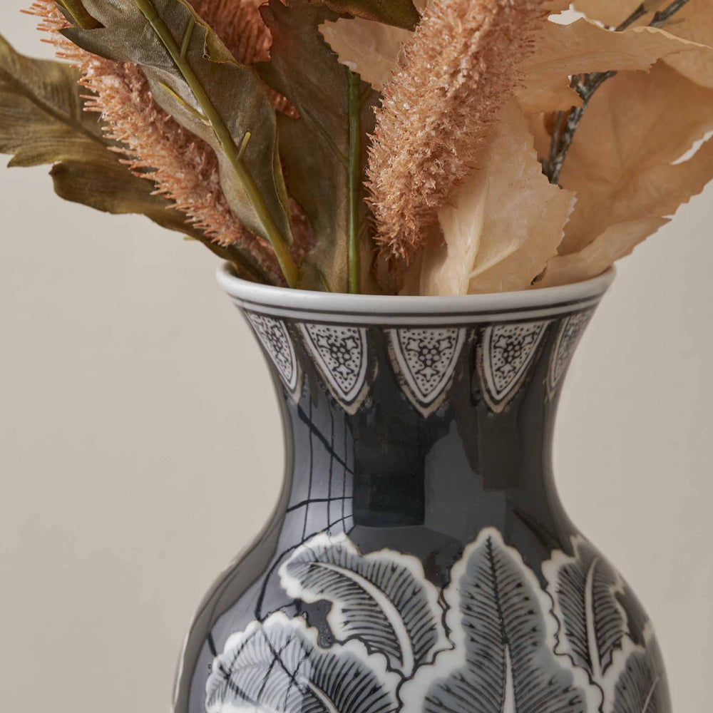 Oria Black and White Feather Ceramic Urn Vase