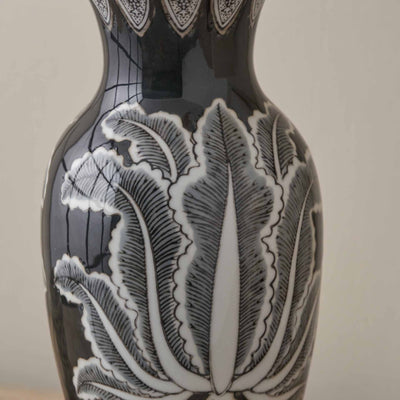 Oria Black and White Feather Ceramic Urn Vase