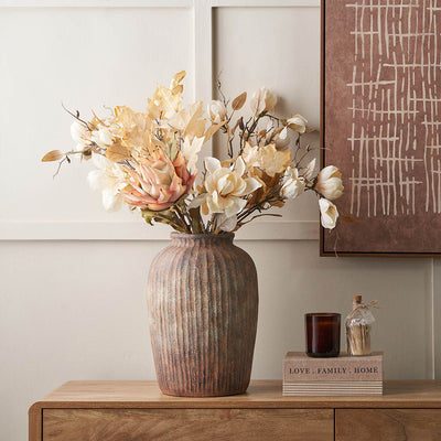 Caleb Rustic Brown Fibrestone Ribbed Decorative Vase Tall