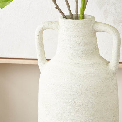 Amos White Textured Terracotta Decorative Vase with Handles Large