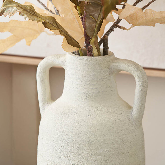 Amos White Textured Terracotta Decorative Vase with Handles Medium