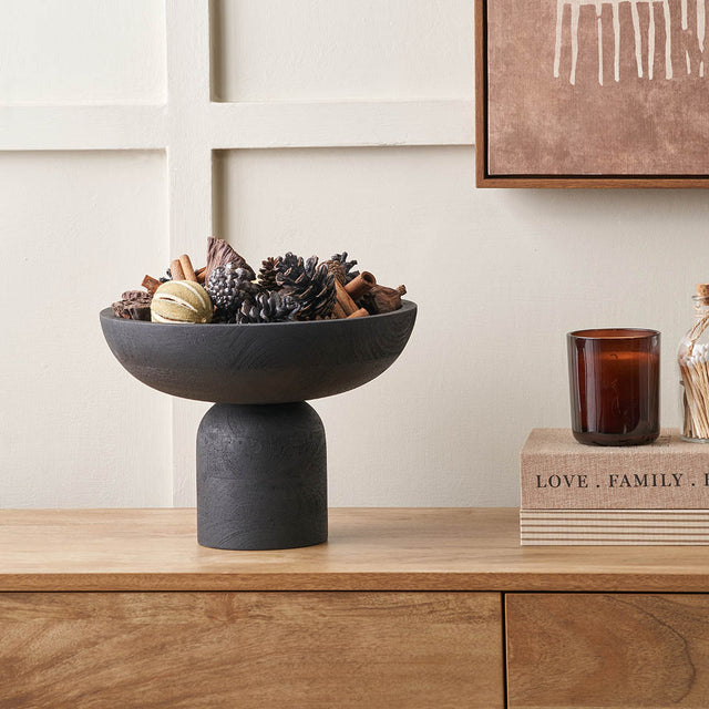 Vara Black Handcarved Mango Wood Bowl with Raised Base
