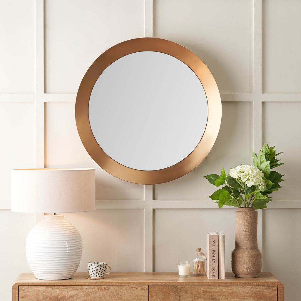 Mirra Burnished Gold Metal Angled Frame Round Mirror Large | Home Accents