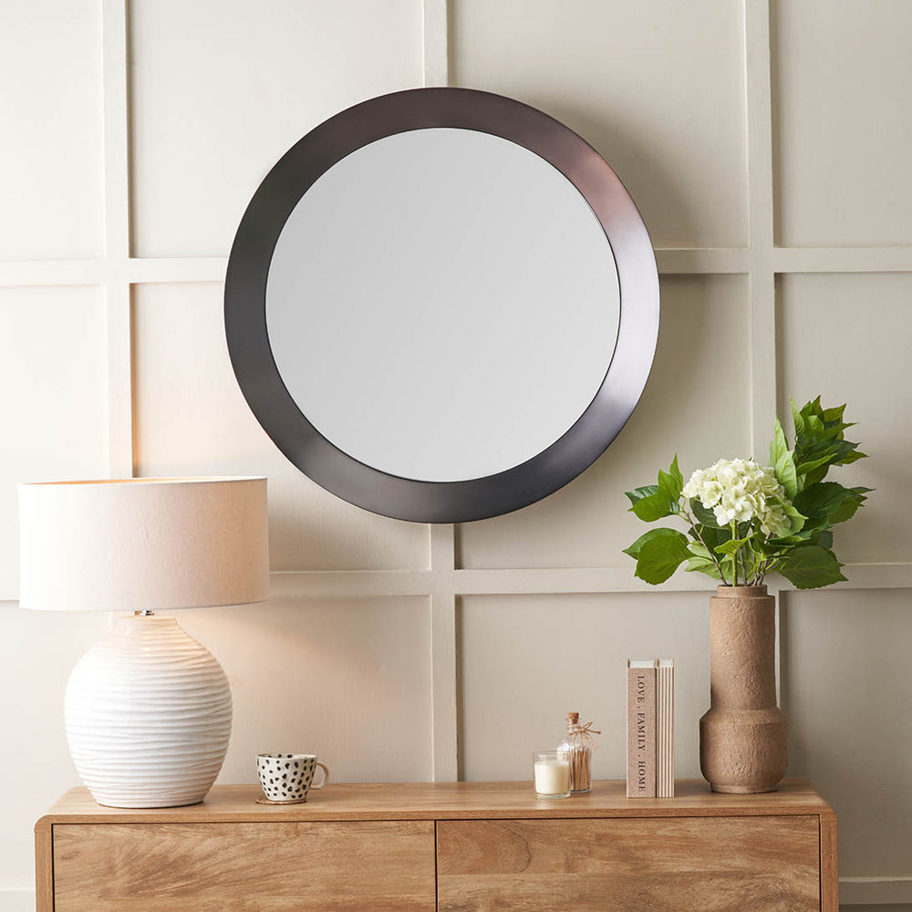 Mirra Graphite Metal Angled Frame Round Mirror Large