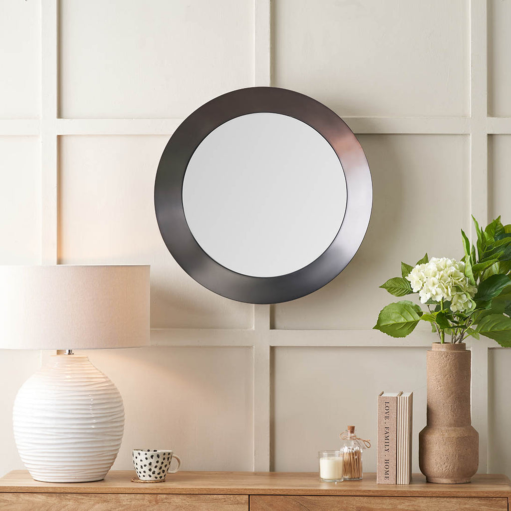 Mirra Graphite Metal Angled Frame Round Mirror | Home Accents