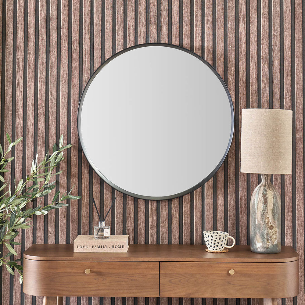 Laila Black Wood Veneer Round Wall Mirror Large