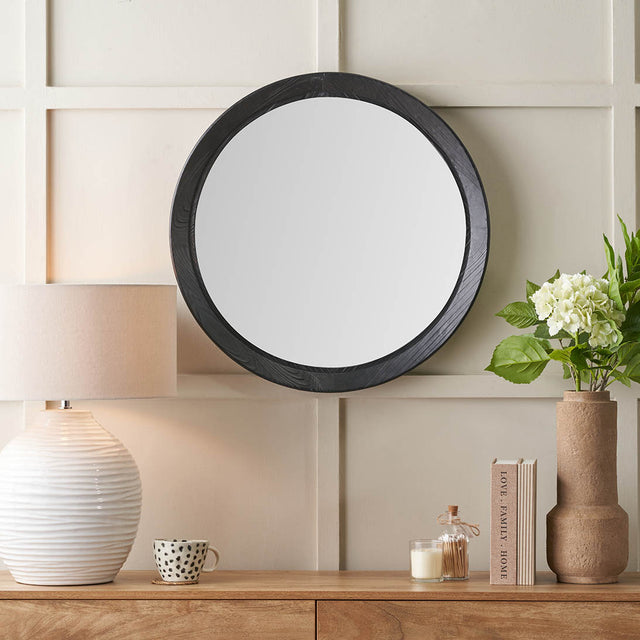 Elwin Black Fir Wood Effect Round Wall Mirror