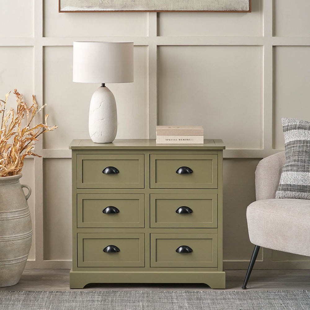 Stockton Olive Green Wood 6 Drawer Unit