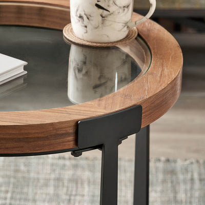 Elmont Clear Glass and Light Walnut Wood Veneer Side Table