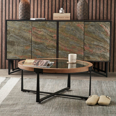 Elmont Clear Glass and Light Walnut Wood Veneer Coffee Table