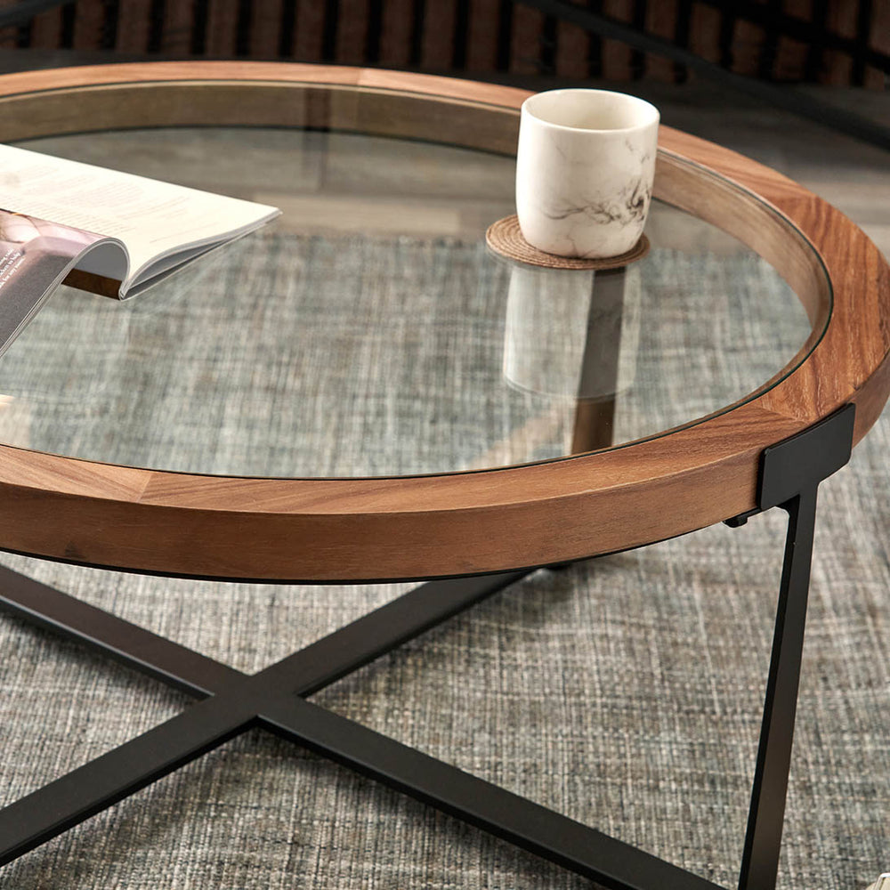 Elmont Clear Glass and Light Walnut Wood Veneer Coffee Table