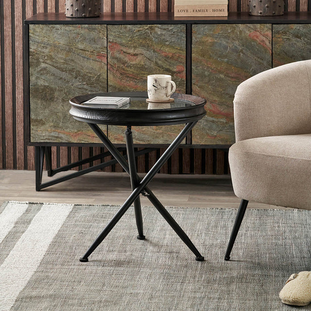 Elwin Clear Glass and Black Fir Wood Effect Side Table