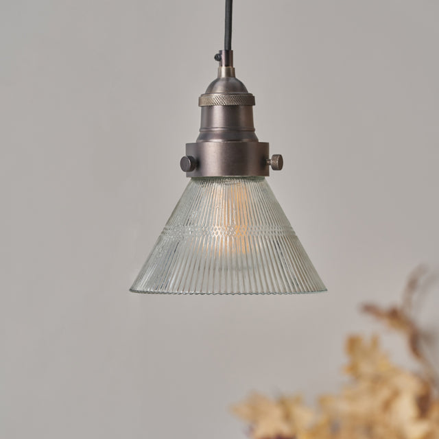 Sawyer Conical Ribbed Glass with Antique Bronze Fitting Elec Pendant