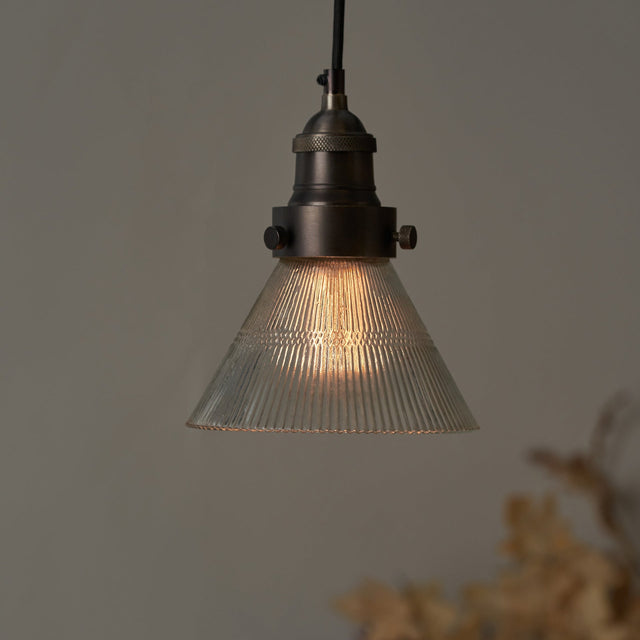 Sawyer Conical Ribbed Glass with Antique Bronze Fitting Elec Pendant
