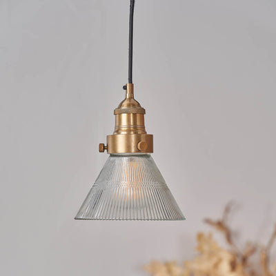 Sawyer Conical Ribbed Glass with Antique Brass Fitting Elec Pendant