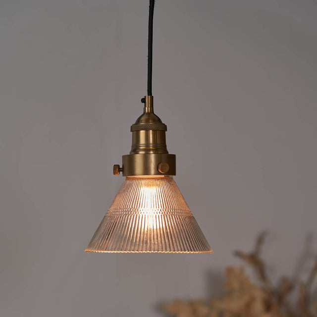 Sawyer Conical Ribbed Glass with Antique Brass Fitting Elec Pendant