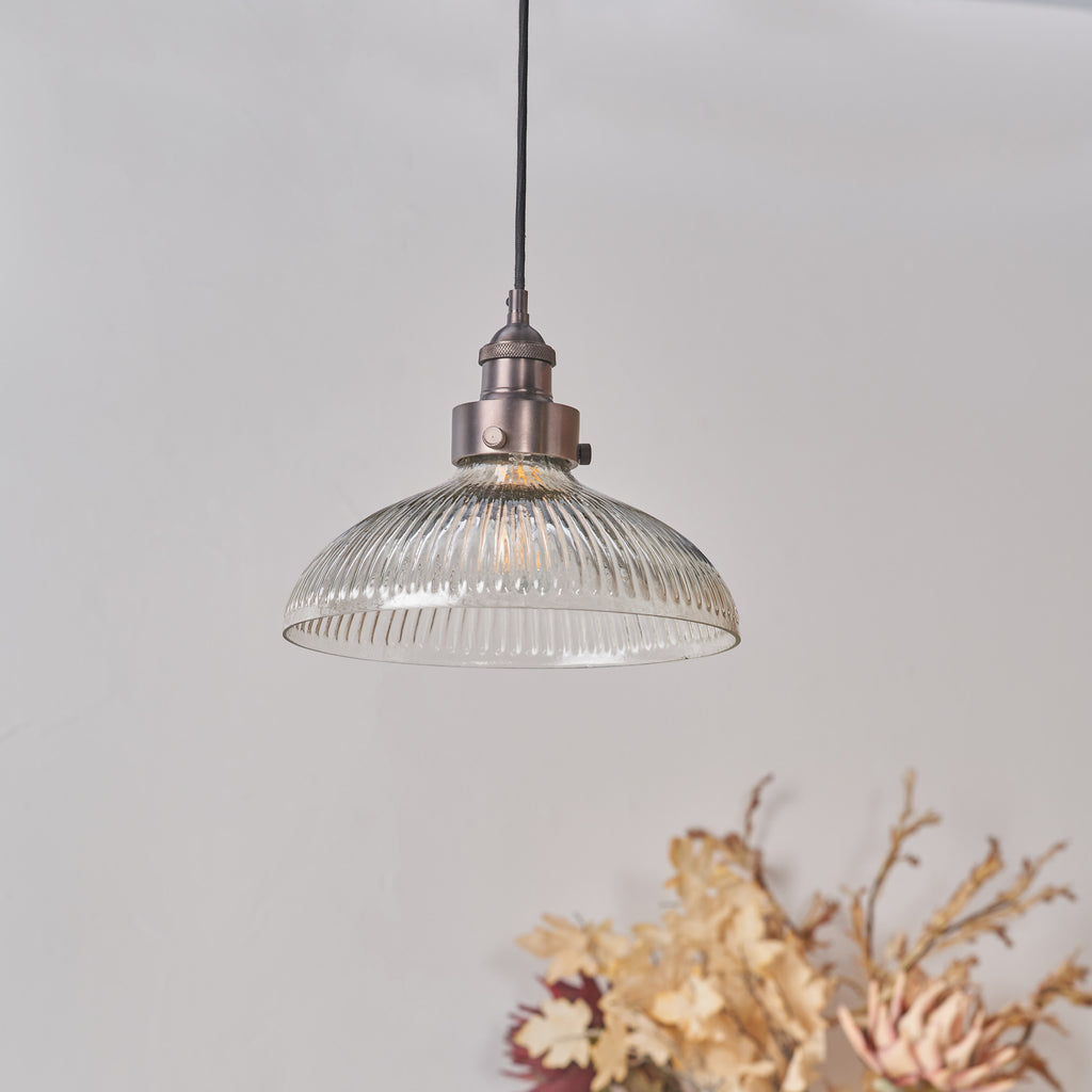 Ribbed Glass with Antique Bronze Fitting Elec Pendant | Lighting