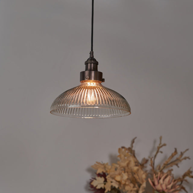Beckett Large Ribbed Glass with Antique Bronze Fitting Elec Pendant