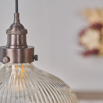 Beckett Large Ribbed Glass with Antique Bronze Fitting Elec Pendant