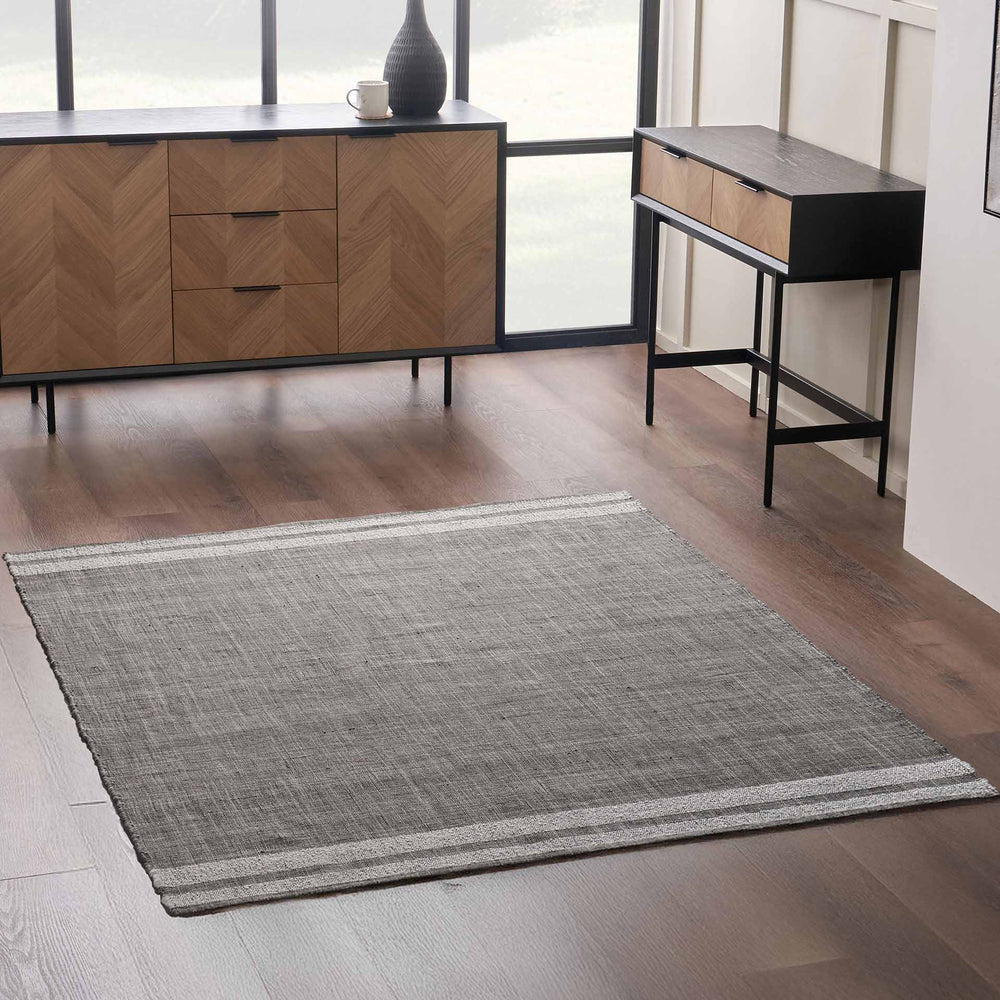 Indoor Outdoor Steel Grey and White Stripe Design Rug