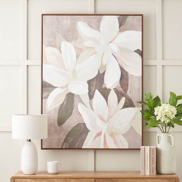 Florae White and Natural Floral Canvas with Oak Effect Frame