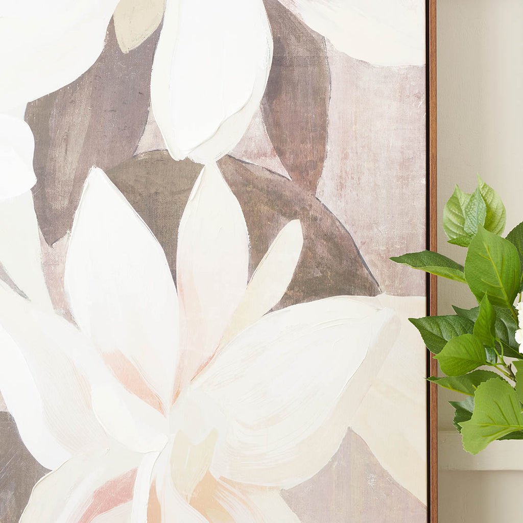 White and Natural Floral Canvas with Oak Effect Frame | Home Accents