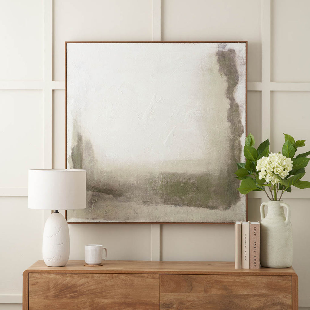 Green and Natural Abstract Square Hessian Canvas with Oak Effect Frame ...