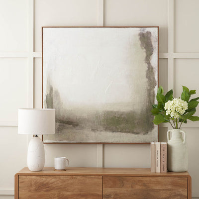 Vika Green and Natural Abstract Square Hessian Canvas with Oak Effect Frame