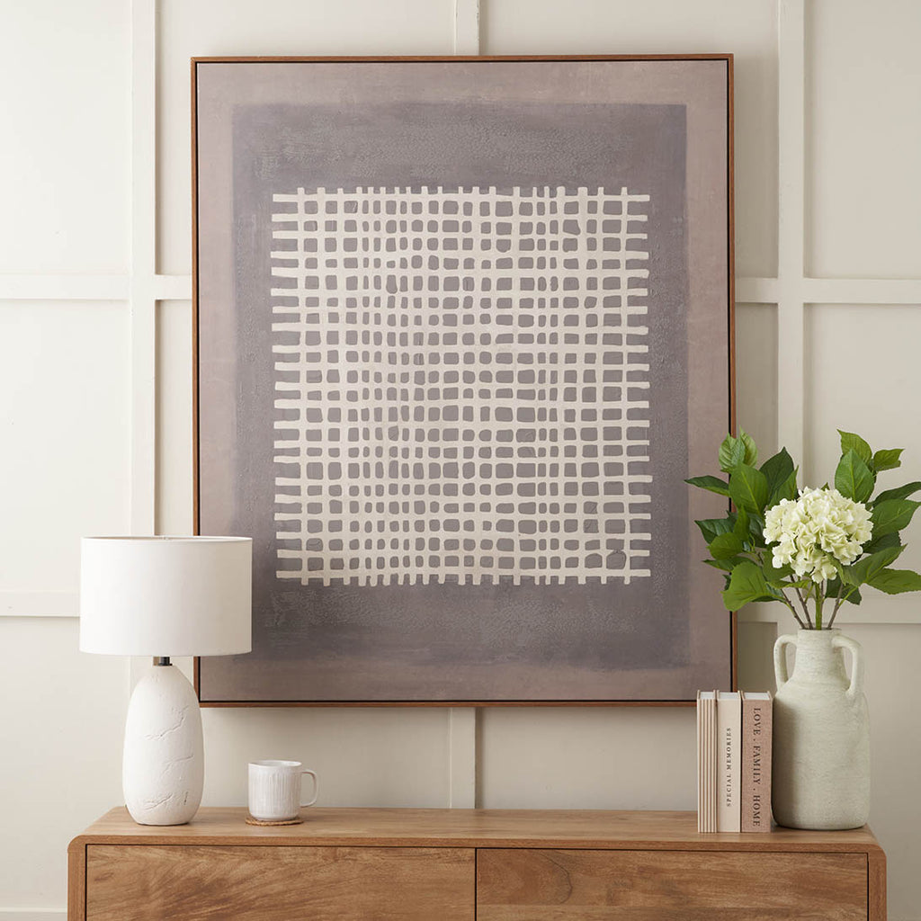 Brown and Natural Grid Design Canvas with Oak Effect Frame | Home Accents