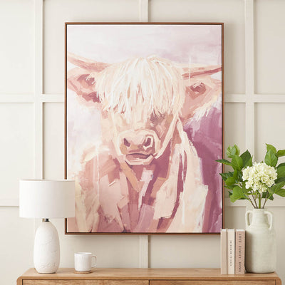 Angus Mulberry and Naturals Highland Cow Canvas with Oak Effect Frame
