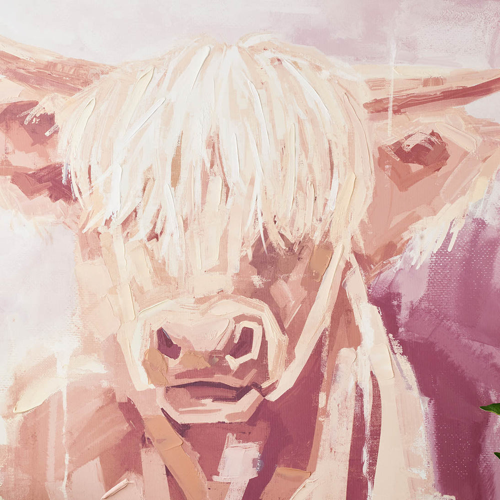 Angus Mulberry and Naturals Highland Cow Canvas with Oak Effect Frame