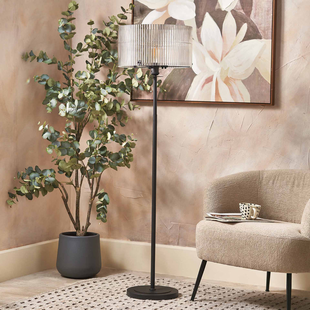 Athena Ribbed Glass Black Metal Round Floor Lamp