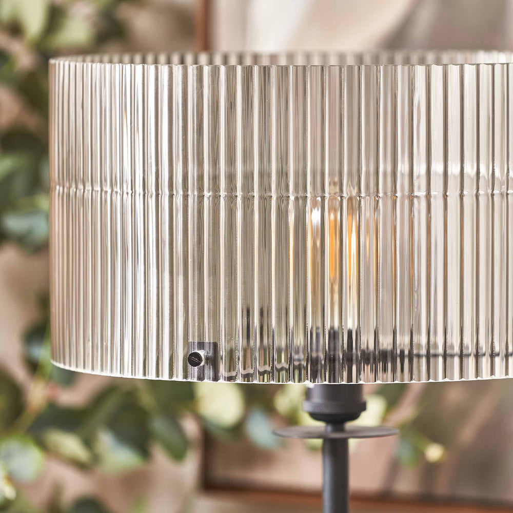 Athena Ribbed Glass Black Metal Round Floor Lamp
