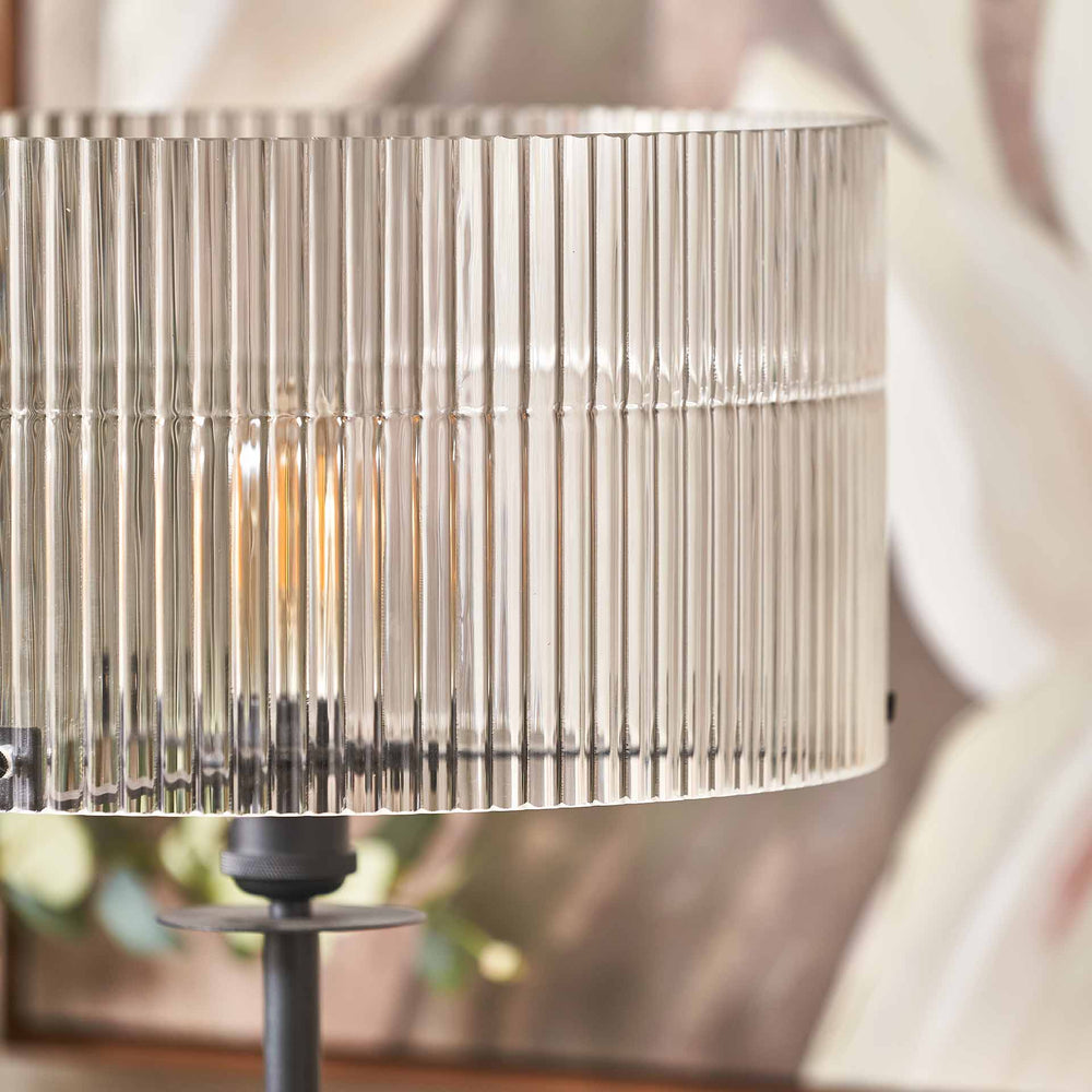 Athena Ribbed Glass Black Metal Round Floor Lamp