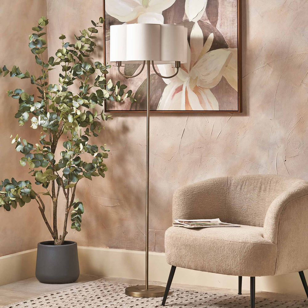 Mariana Matt Antique Brass and White Scallop Shaded Floor Lamp