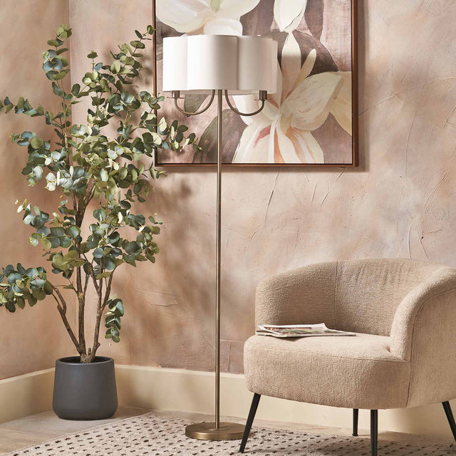 Mariana Matt Antique Brass and White Scallop Shaded Floor Lamp