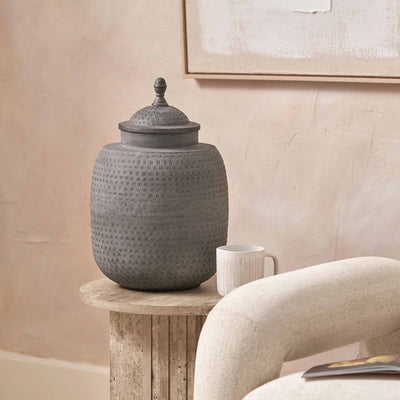 Aarti Charcoal Grey Hammered Urn Vase with Lid