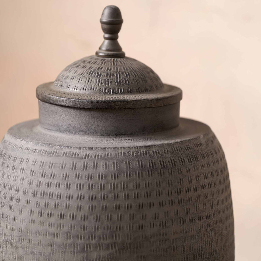 Aarti Charcoal Grey Hammered Urn Vase with Lid